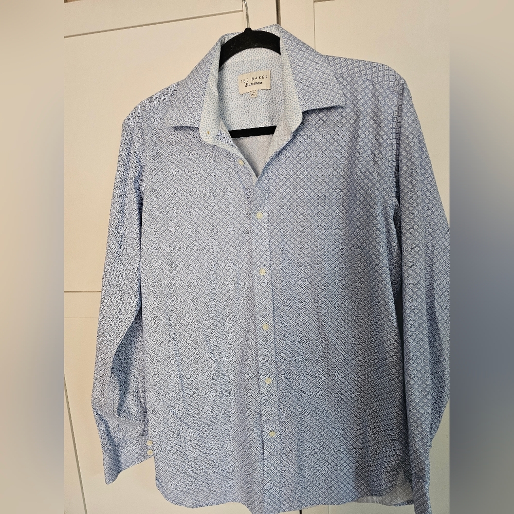 Ted Baker London Men's Slim Fit Shirt 15.5 34/35 Blue Geometric Pattern Cotton